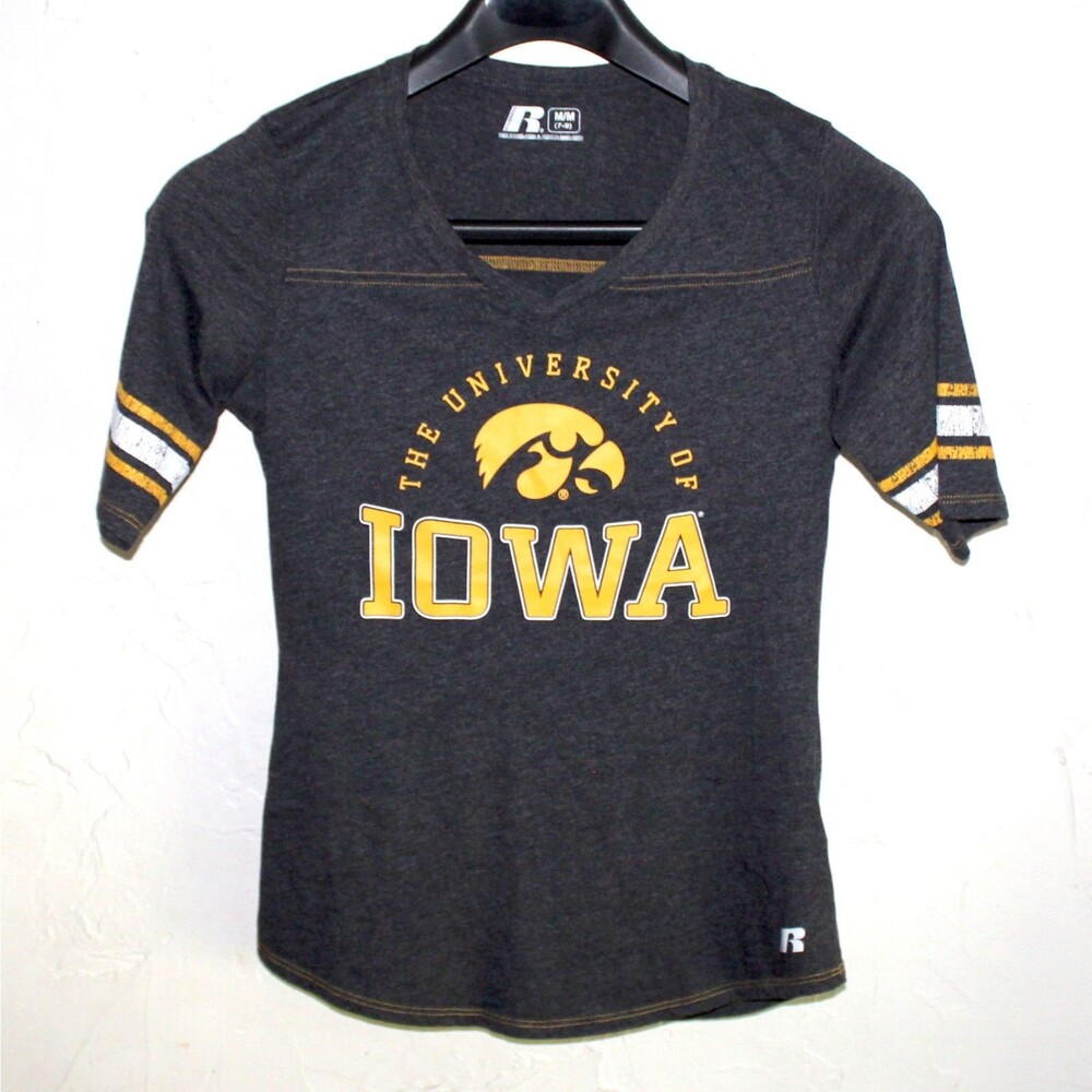 University of Iowa Hawkeyes Women’s T Shirt M 7/9 Russell charcoal gray yellow
